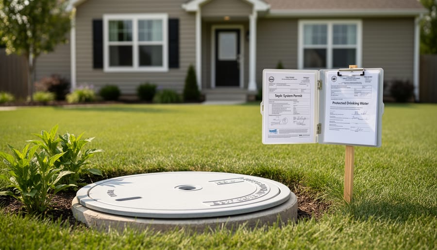 Residential yard with a private well cap near a maintained garden bed