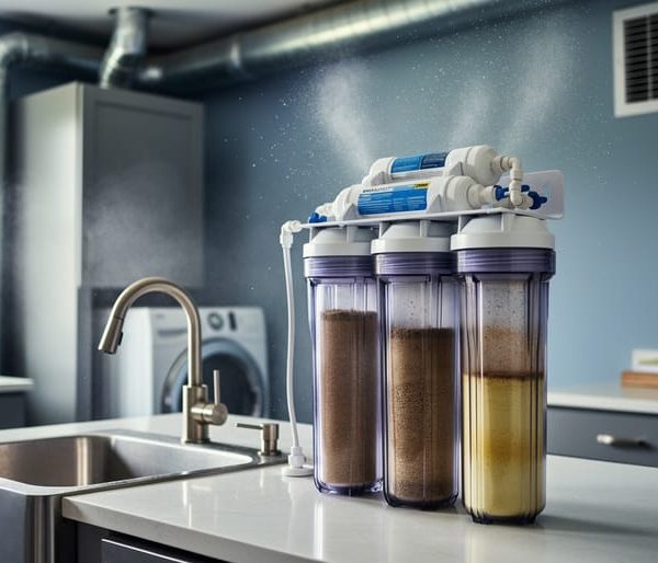 Whole-house water filtration unit with visible sediment next to an indoor HVAC vent in a home utility room, illustrating the connection between water filter maintenance and indoor air quality.