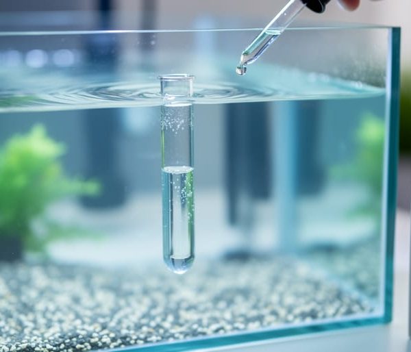 Close-up of aquarium pH testing tools—liquid test vial and digital pH meter—beside a glass fish tank with plants and gravel blurred in the background.