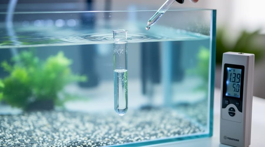 Close-up of aquarium pH testing tools—liquid test vial and digital pH meter—beside a glass fish tank with plants and gravel blurred in the background.