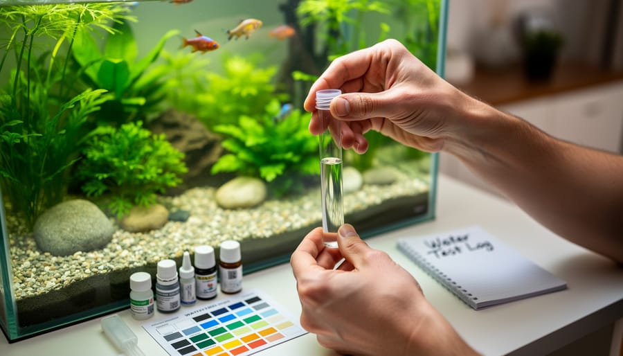 Hands holding a small cup of aquarium water next to an open pH test kit case for sampling.