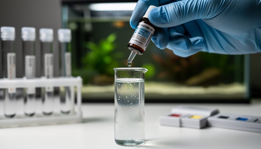 Macro view of reagent drops entering an aquarium water test tube using a dropper.