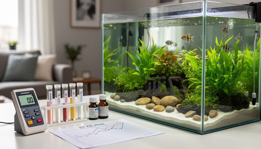 Person holding a pH test tube near an aquarium while writing in a notebook, with the tank and plants softly visible behind.