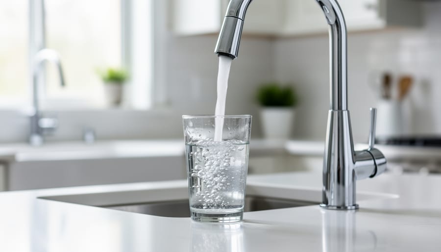 Close-up of clear water droplets filling a glass beneath a faucet