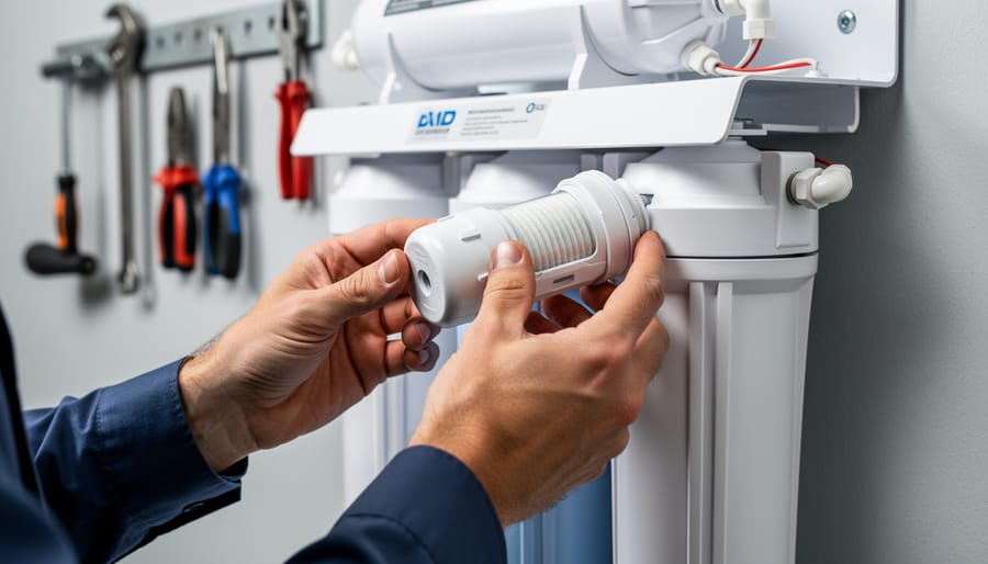 Person’s hands connecting an in-faucet water filter to a kitchen faucet spout