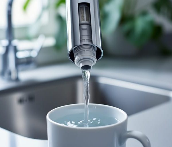 Close-up of a modern chrome kitchen faucet with a hidden in-faucet water filter, with clear water streaming into a glass.