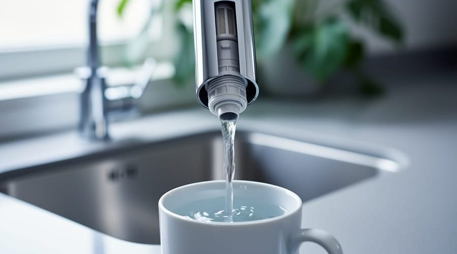 Close-up of a modern chrome kitchen faucet with a hidden in-faucet water filter, with clear water streaming into a glass.