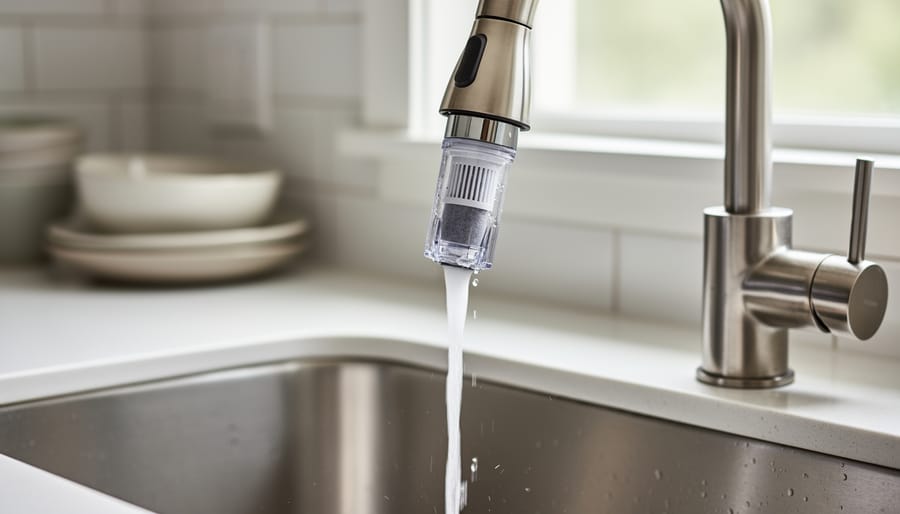 Kitchen sink faucet with an integrated in-faucet water filter at the spout