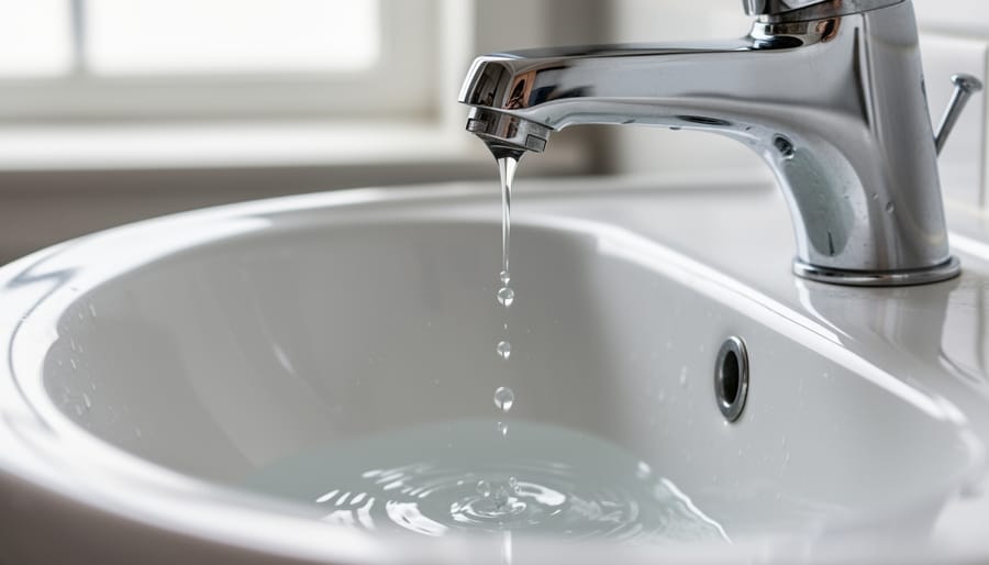 Close view of a bathroom sink with a faucet dripping steadily, showing small water pooling that suggests a leak.