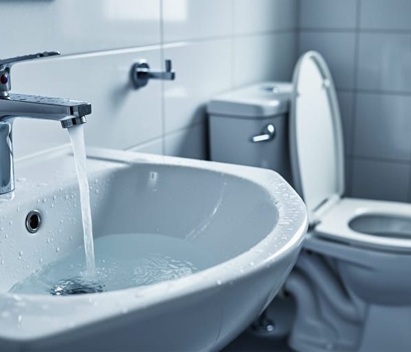 Close-up of a running bathroom faucet next to a toilet, suggesting possible excessive water use from plumbing fixtures.