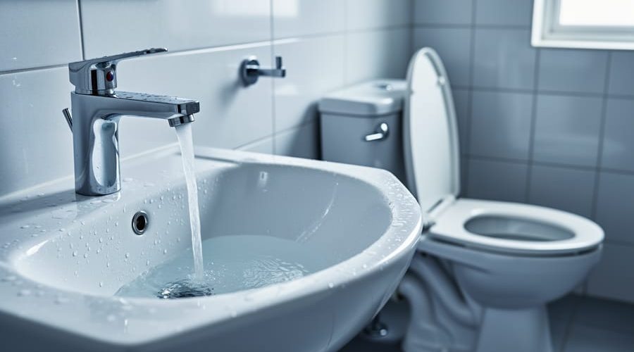Close-up of a running bathroom faucet next to a toilet, suggesting possible excessive water use from plumbing fixtures.