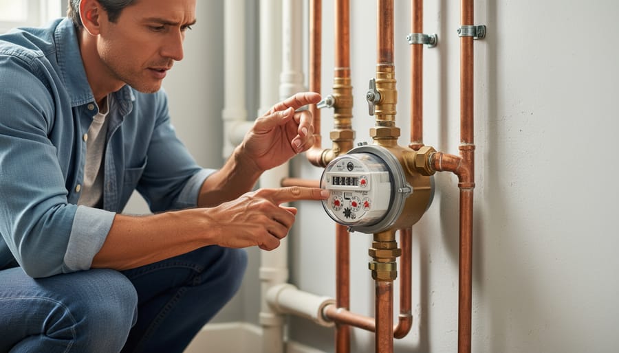 Person kneeling in a home utility space inspecting plumbing and a water shutoff valve near a water meter.