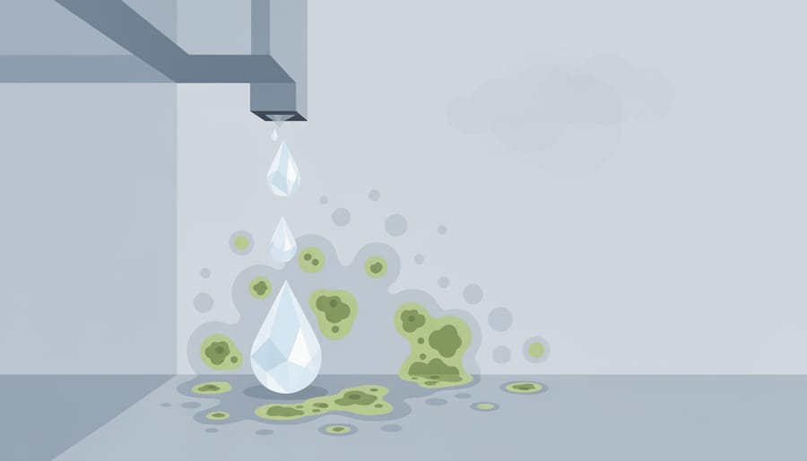 Close-up of damp bathroom wall area with mold-like discoloration while a person wipes the spot with a cloth.