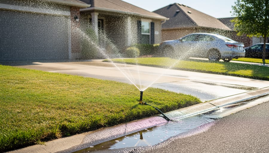 Sprinkler spraying water over a green lawn in golden hour sunlight, representing outdoor irrigation use.