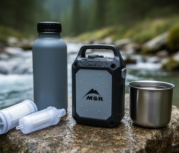 Rugged portable water purification system and filter bottle outdoors beside a forest stream, photographed with shallow depth of field.