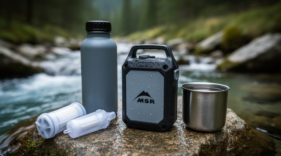Rugged portable water purification system and filter bottle outdoors beside a forest stream, photographed with shallow depth of field.