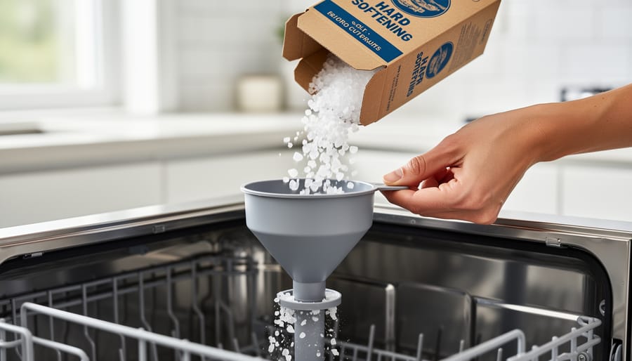 Hands using a funnel to add coarse dishwasher salt to the dishwasher salt reservoir