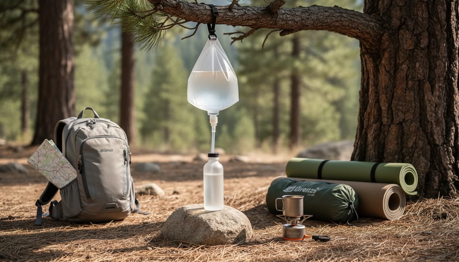 Outdoor campsite with a gravity-fed water filter setup beside camping gear and a bucket