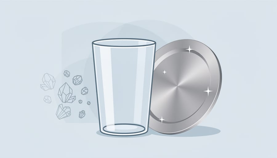 Close-up of clean glass and silverware with water droplets beading, suggesting reduced hard-water film