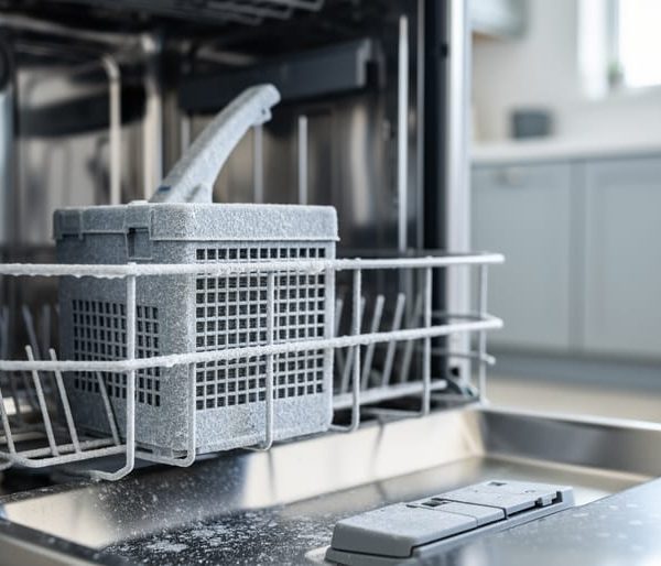 Close-up of a dishwasher interior showing cloudy white hard water mineral residue on the heating element cover and spray arm area.