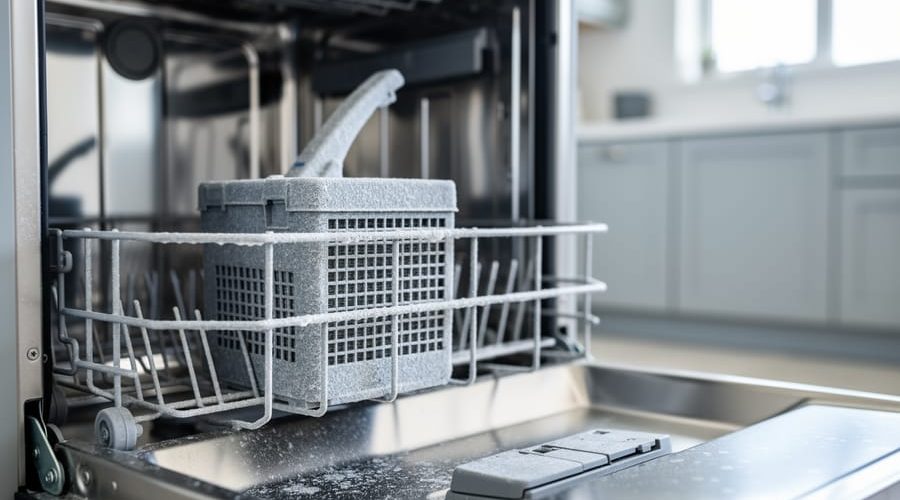 Close-up of a dishwasher interior showing cloudy white hard water mineral residue on the heating element cover and spray arm area.