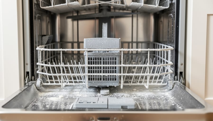 Dishwasher interior showing cloudy white mineral buildup on the heating element cover and spray arm area