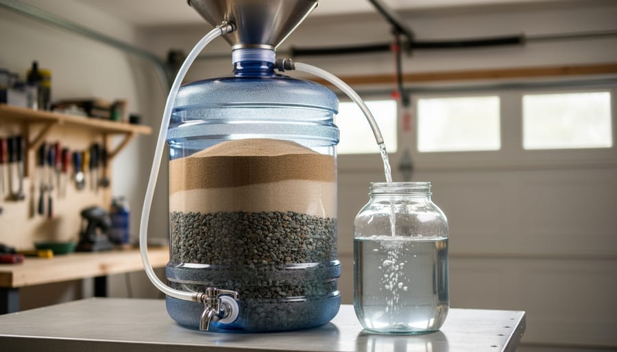 Completed DIY slow sand filter container with layered gravel and sand visible at the top