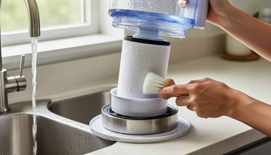 Hands cleaning and handling a stainless gravity-fed water filter cartridge outdoors