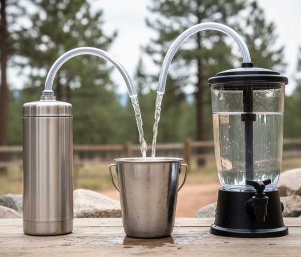 “Gravity-fed stainless steel and glass water filtration system outdoors, with tubing pouring clear water into a metal cup on an off-grid homestead.”