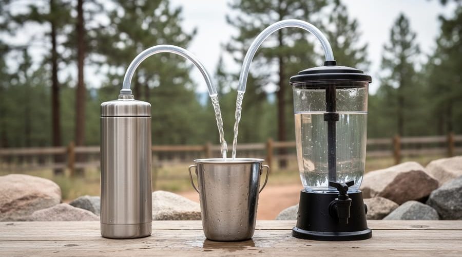 “Gravity-fed stainless steel and glass water filtration system outdoors, with tubing pouring clear water into a metal cup on an off-grid homestead.”