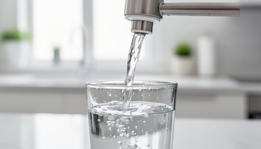 Close-up of hands filling a glass from a gravity-fed water filter spigot