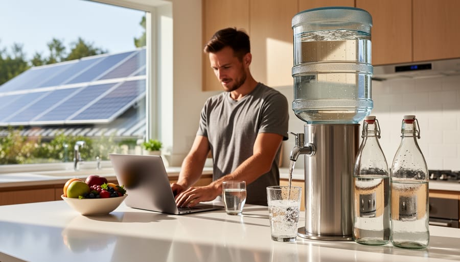 Gravity-fed water filtration unit on a kitchen countertop next to a pitcher