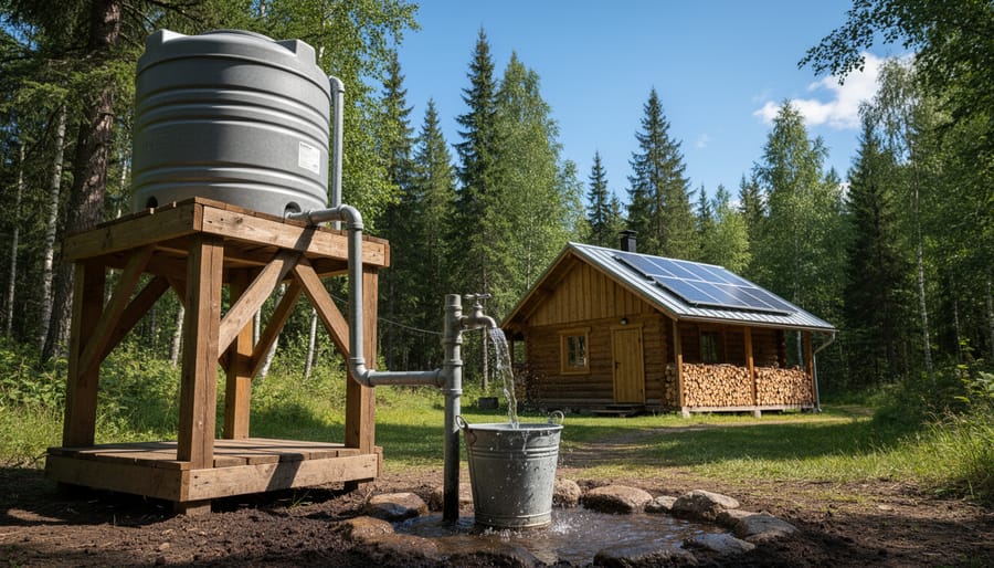 Off-grid cabin with a raised gravity-fed water reservoir and spigot flowing into a bucket in natural daylight
