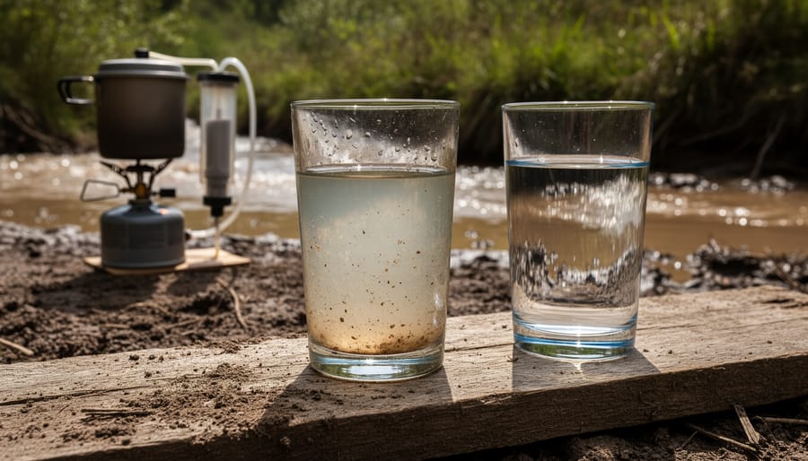 Clear glass beaker of outdoor water showing suspended particles