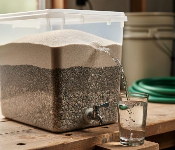 Homemade slow sand filter with layered gravel and sand in a container, flowing water filling a glass beneath the spout.