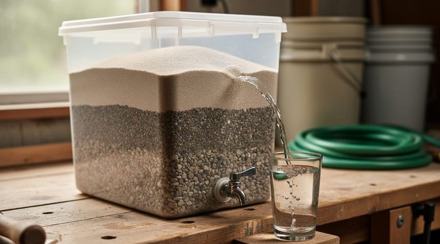 Homemade slow sand filter with layered gravel and sand in a container, flowing water filling a glass beneath the spout.