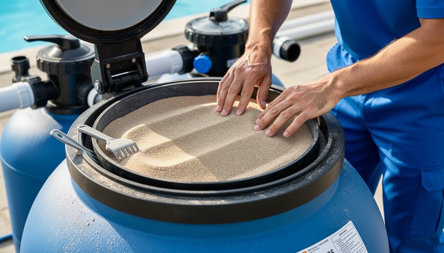 Hands performing maintenance by gently working with the sand surface of a slow sand filter