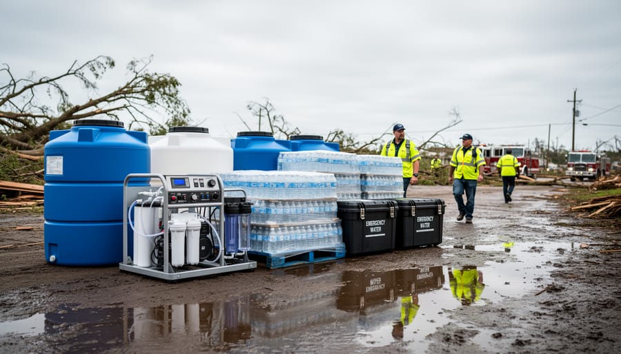 Hand-pump water purifier placed on wet ground after a storm