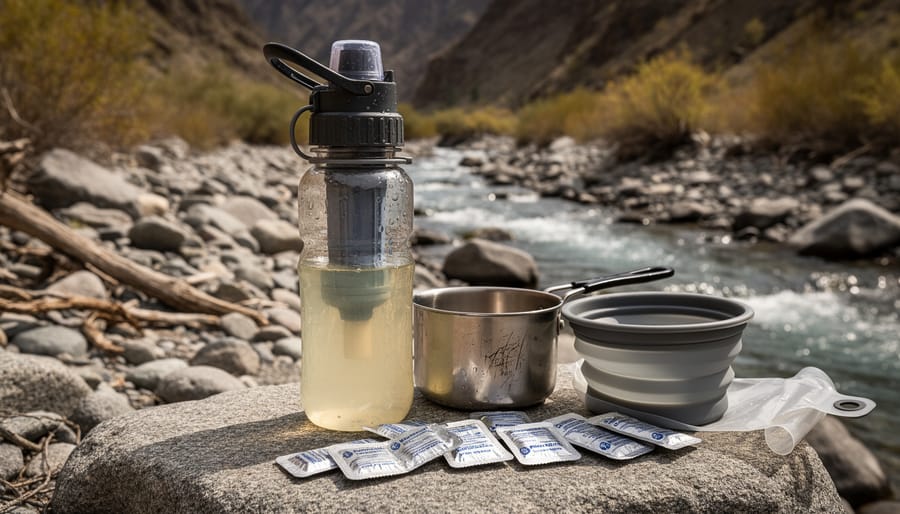 A compact water purification pump filter and canteen placed on a rugged backpack near a muddy stream