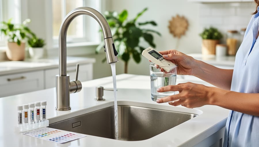 Clear water in a glass beside an unlabeled home water testing kit